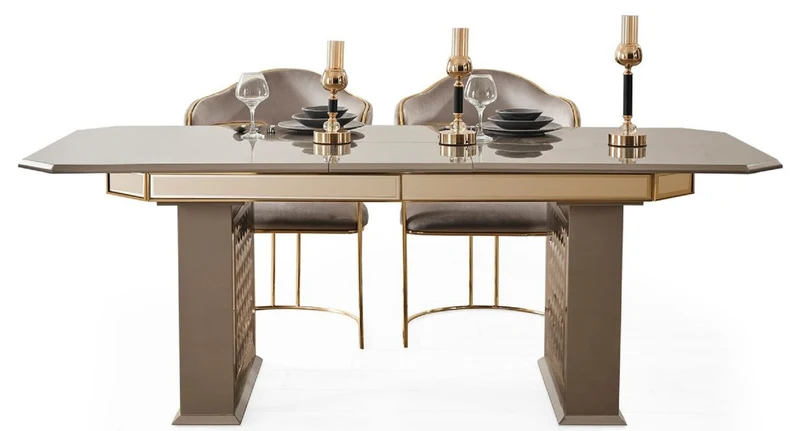 Casa Padrino Luxus Art Deco Esszimmer Set Grau / Gold - 1 Ausziehbarer Esstisch & 6 Esszimmerstühle mit Armlehnen - Esszimmer Möbel - Art Deco Möbel - Luxus Möbel - Art Deco Einrichtung
