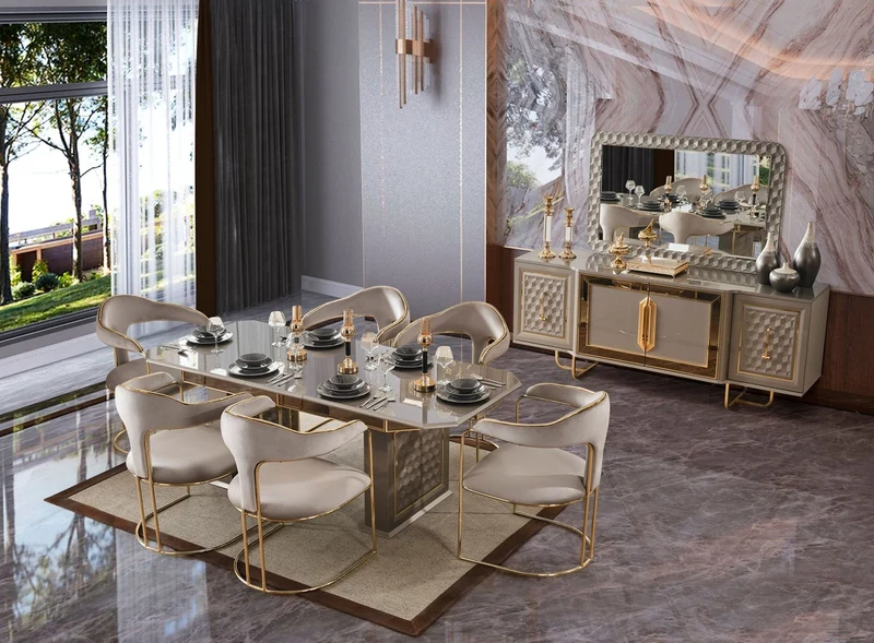 Casa Padrino Luxus Art Deco Esszimmer Set Grau / Gold - 1 Ausziehbarer Esstisch & 6 Esszimmerstühle mit Armlehnen - Esszimmer Möbel - Art Deco Möbel - Luxus Möbel - Art Deco Einrichtung