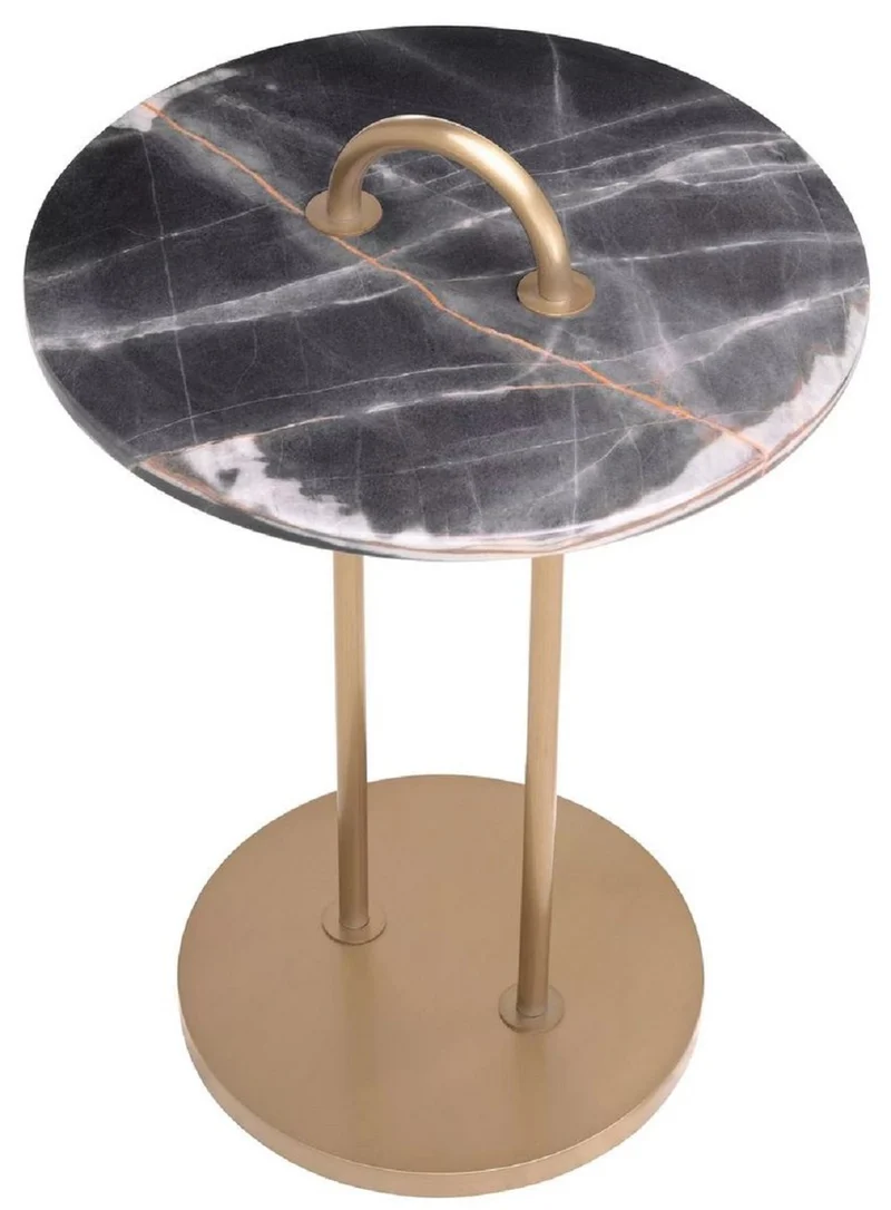 Casa Padrino Luxus Beistelltisch Messing / Schwarz Ø 38,5 x H. 58 cm - Runder Tisch mit Marmorplatte und Tragegriff - Wohnzimmer Möbel - Luxus Möbel - Wohnzimmer Einrichtung - Luxus Qualität