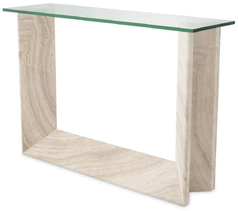 Casa Padrino Luxus Konsole Beige 120 x 37 x H. 83,5 cm - Rechteckiger Travertin Konsolentisch mit Glasplatte - Wohnzimmer Möbel - Hotel Möbel - Luxus Möbel - Luxus Einrichtung - Möbel Luxus