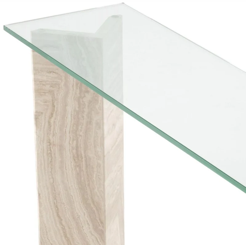 Casa Padrino Luxus Konsole Beige 120 x 37 x H. 83,5 cm - Rechteckiger Travertin Konsolentisch mit Glasplatte - Wohnzimmer Möbel - Hotel Möbel - Luxus Möbel - Luxus Einrichtung - Möbel Luxus