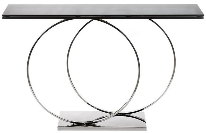 Casa Padrino Luxus Designer Konsole Silber / Schwarz 150 x 36 x H. 91 cm - Metall Konsolentisch mit Glasplatte - Luxus Designer Wohnzimmer Möbel