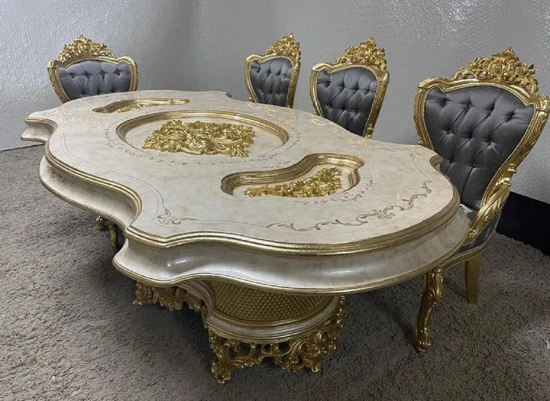 Casa Padrino Luxus Barock Esszimmer Set Mehrfarbig / Grau / Gold - 1 Barock Esstisch & 8 Barock Esszimmerstühle - Barock Esszimmer Möbel - Luxus Esszimmer Möbel im Barockstil - Edel & Prunkvoll