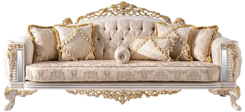 Casa Padrino Luxus Barock Sofa Beige / Weiß / Gold - Prunkvolles Wohnzimmer Sofa mit Glitzersteinen - Barockstil Wohnzimmer Möbel - Luxus Möbel im Barockstil - Barock Einrichtung - Edel & Prunkvoll