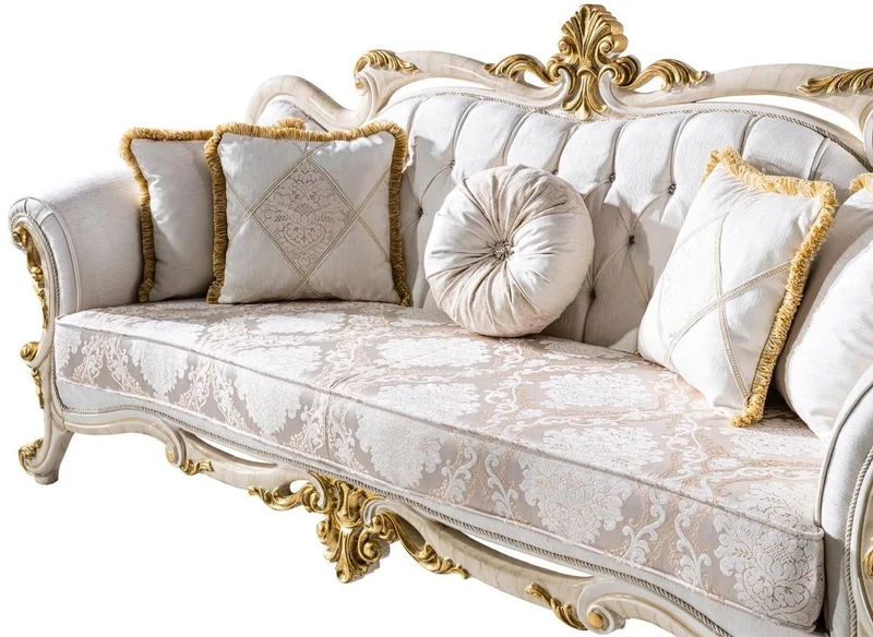 Casa Padrino Luxus Barock Sofa Weiß / Braun / Weiß / Beige / Gold - Prunkvolles Wohnzimmer Sofa mit Glitzersteinen - Barockstil Wohnzimmer Möbel - Luxus Möbel im Barockstil - Barock Einrichtung
