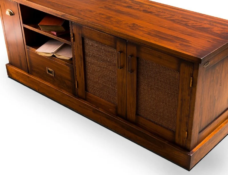 Casa Padrino Luxus Vintage Stil TV Schrank Braun / Messing 161 x 52 x H. 66 cm - Vintage Stil Sideboard mit 2 Türen und 2 Schubladen - Vintage Stil Wohnzimmer Möbel - Luxus Wohnzimmer Möbel