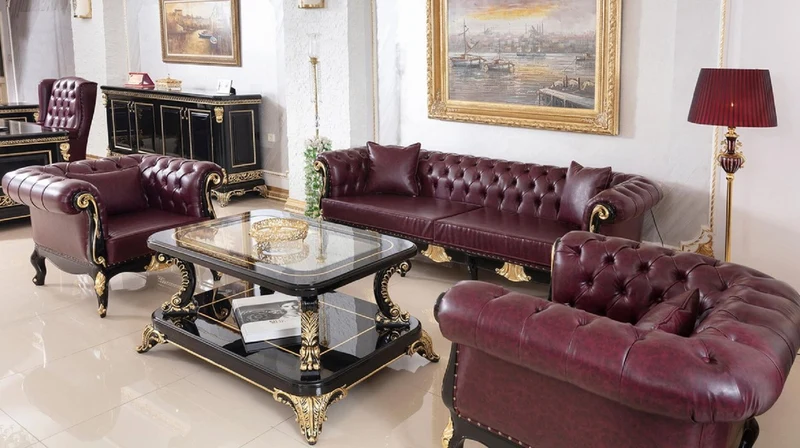 Casa Padrino Luxus Barock Chesterfield Leder Sessel Bordeauxrot / Schwarz / Gold - Prunkvoller Echtleder Wohnzimmer Sessel - Luxus Wohnzimmer Möbel im Barockstil - Barock Leder Möbel