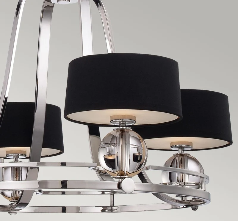 Casa Padrino Luxus Art Deco LED Kronleuchter Silber / Schwarz Ø 77,5 x H. 57,2 cm - Runder Metall Kronleuchter mit Lampenschirmen - Wohnzimmer Kronleuchter - Art Deco Leuchten - Luxus Leuchten