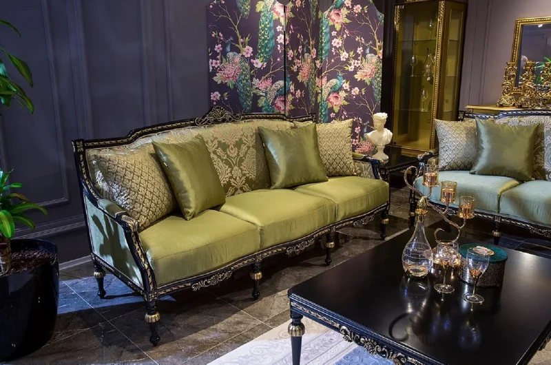 Casa Padrino Luxus Barock Wohnzimmer Set Grün / Schwarz / Gold - 2 Barock Sofas & 2 Barock Sessel & 1 Barock Couchtisch - Wohnzimmer Möbel im Barockstil - Barock Möbel - Barock Einrichtung