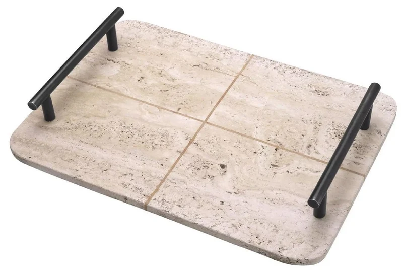 Casa Padrino Luxus Serviertablett Beige / Bronze 48 x 34 x H. 8 cm - Rechteckiges Travertin Naturstein Tablett mit Tragegriffen - Gastronomie & Restaurant Accessoires - Luxus Accessoires