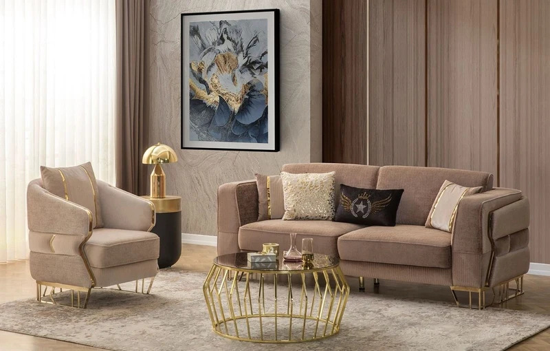 Casa Padrino Luxus Sessel Hellbraun / Gold 87 x 83 x H. 75 cm - Wohnzimmer Sessel - Hotel Sessel - Wohnzimmer Möbel - Hotel Möbel - Luxus Möbel - Wohnzimmer Einrichtung - Luxus Einrichtung