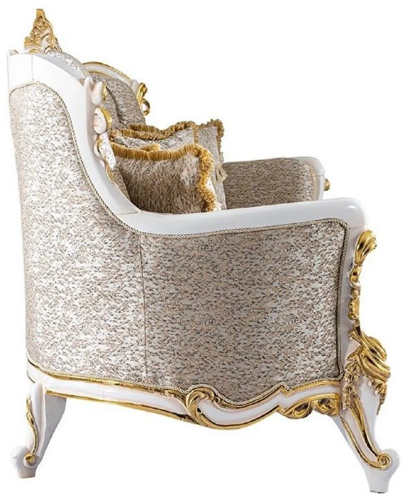 Casa Padrino Luxus Barock Sofa Silber / Beige / Schwarz / Weiß / Gold - Prunkvolles Wohnzimmer Sofa mit Glitzersteinen - Barockstil Wohnzimmer Möbel - Luxus Möbel im Barockstil - Barock Einrichtung