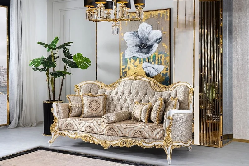 Casa Padrino Luxus Barock Sofa Silber / Beige / Schwarz / Weiß / Gold - Prunkvolles Wohnzimmer Sofa mit Glitzersteinen - Barockstil Wohnzimmer Möbel - Luxus Möbel im Barockstil - Barock Einrichtung