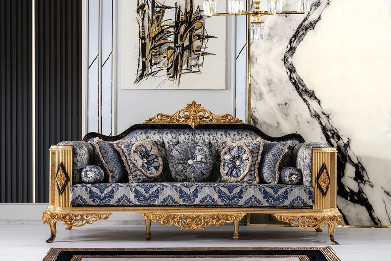 Casa Padrino Luxus Barock Sofa Blau / Schwarz / Gold - Prunkvolles Wohnzimmer Sofa - Barockstil Wohnzimmer Möbel - Luxus Möbel im Barockstil - Barock Wohnzimmer Einrichtung