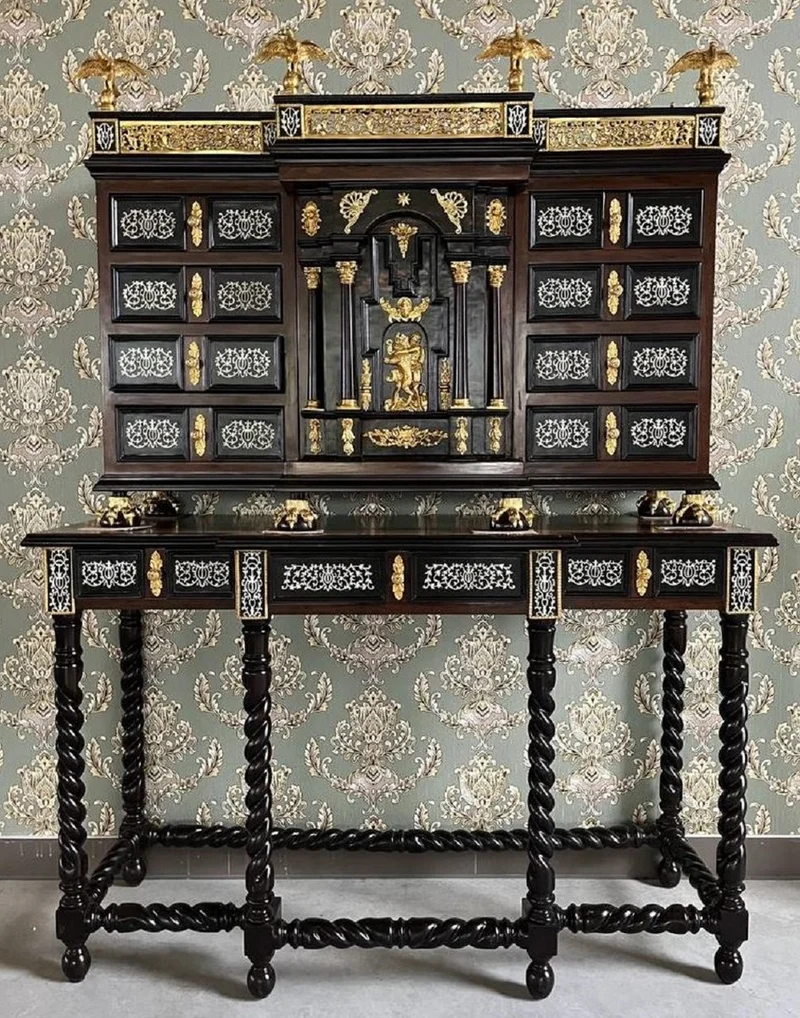 Casa Padrino Luxus Barock Sekretär Schwarz / Braun / Gold - Handgefertigter Antik Stil Massivholz Sekretär mit Türen und Schubladen - Barock Büromöbel - Barock Möbel - Edel & Prunkvoll