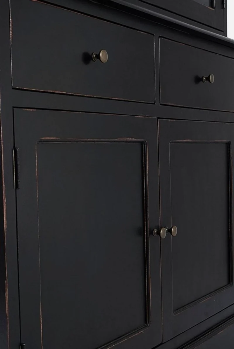 Casa Padrino Landhausstil Schrank Antik Schwarz 111,4 x 42,5 x H. 203 cm - Landhausstil Esszimmerschrank mit 4 Türen und 2 Schubladen - Landhausstil Vitrine - Landhausstil Esszimmer Möbel