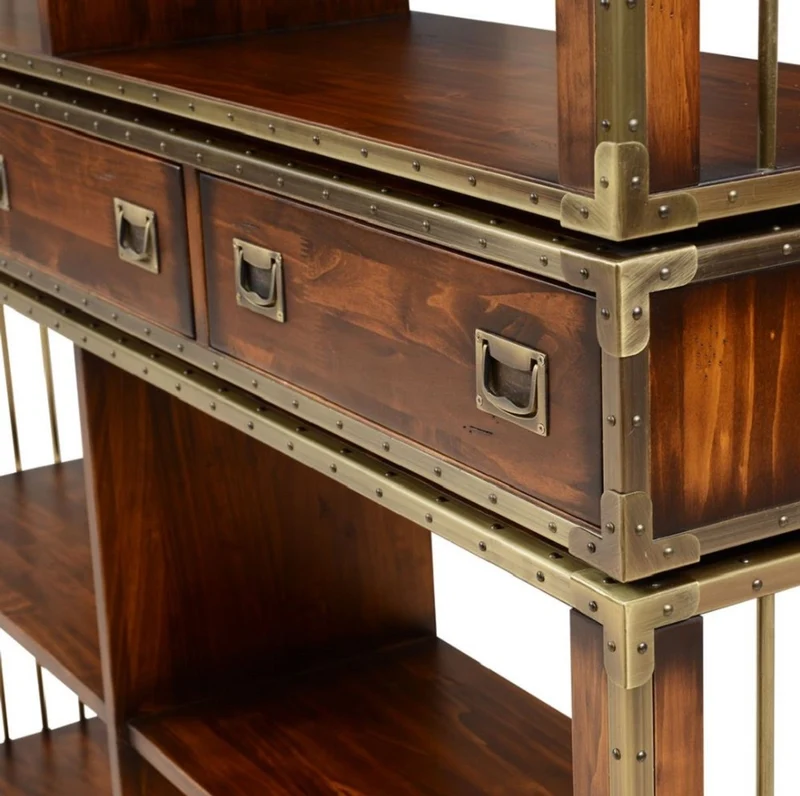 Casa Padrino Luxus Vintage Stil Regalschrank Braun / Messing 152 x 35 x H. 200,5 cm - Vintage Stil Bücherschrank mit 6 Schubladen - Luxus Wohnzimmer Massivholz Möbel im Vintage Stil