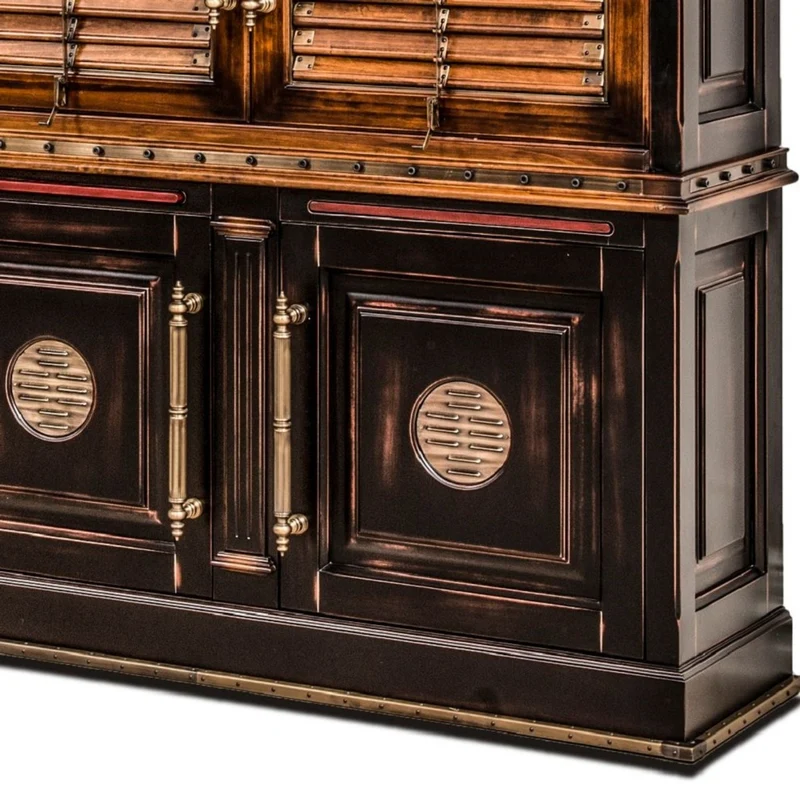 Casa Padrino Luxus Vintage Stil Bücherschrank Braun / Naturfarben / Schwarz 282 x 47 x H. 247 cm - Massivholz Schrank - Regalschrank - Wohnzimmerschrank - Büroschrank - Luxus Massivholz Möbel