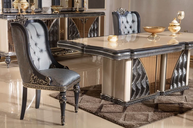 Casa Padrino Luxus Barock Esszimmerstuhl 6er Set Hellblau / Schwarz / Gold - Barockstil Küchenstühle mit Muster - Luxus Esszimmer Möbel im Barockstil - Barock Esszimmer Möbel - Barock Einrichtung