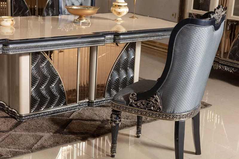 Casa Padrino Luxus Barock Esszimmerstuhl 6er Set Hellblau / Schwarz / Gold - Barockstil Küchenstühle mit Muster - Luxus Esszimmer Möbel im Barockstil - Barock Esszimmer Möbel - Barock Einrichtung