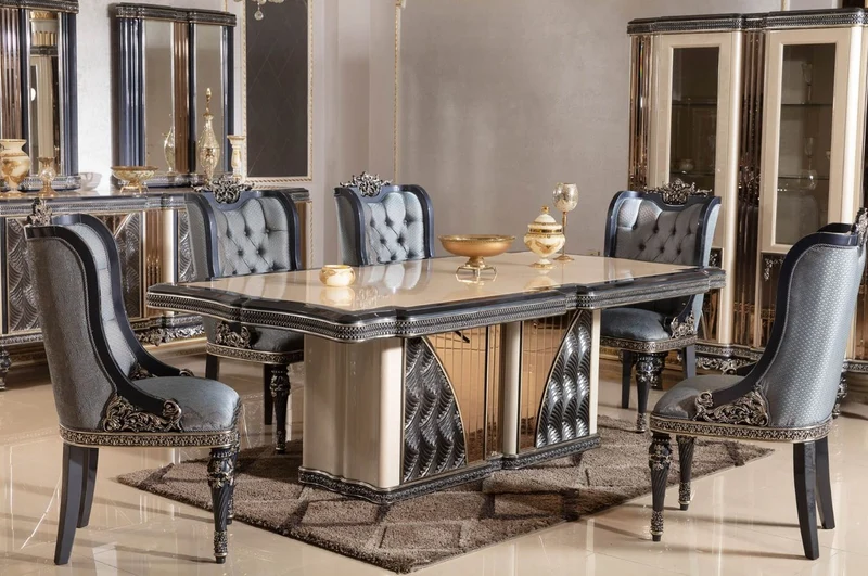 Casa Padrino Luxus Barock Esszimmerstuhl 6er Set Hellblau / Schwarz / Gold - Barockstil Küchenstühle mit Muster - Luxus Esszimmer Möbel im Barockstil - Barock Esszimmer Möbel - Barock Einrichtung