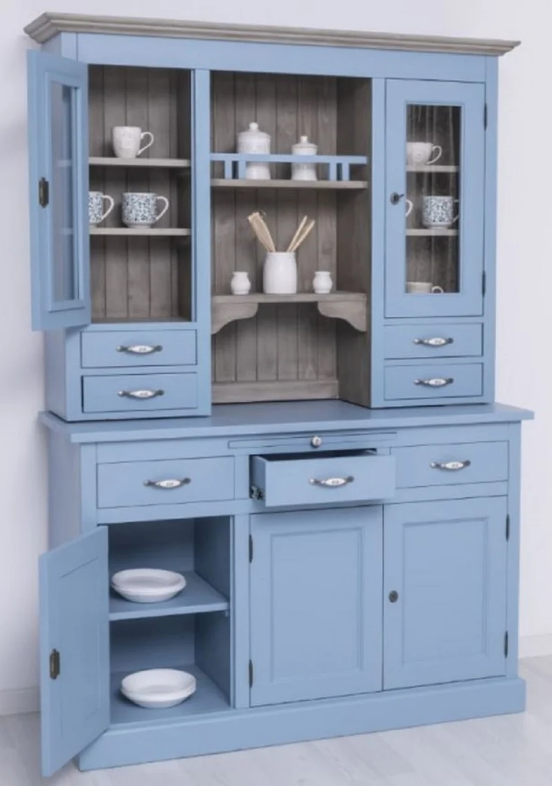 Casa Padrino Landhausstil Esszimmerschrank Hellblau / Grau 137 x 50 x H. 197 cm - Massivholz Küchenschrank - Esszimmer Möbel im Landhausstil - Landhausstil Esszimmer Einrichtung