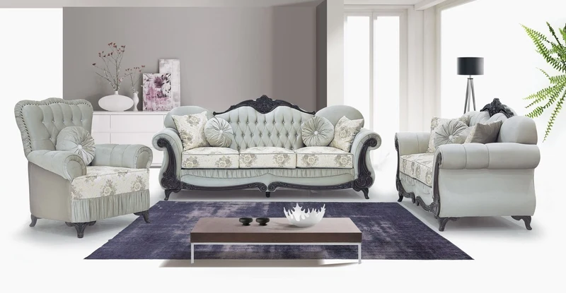 Casa Padrino Luxus Barock Sofa Grüngrau / Creme / Dunkelbraun - Prunkvolles Wohnzimmer Sofa mit elegantem Muster und Glitzersteinen - Barockstil Wohnzimmer Möbel - Barock Möbel - Edel & Prunkvoll