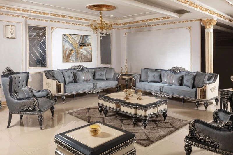 Casa Padrino Luxus Barock Sofa Hellblau / Beige / Schwarz / Gold - Prunkvolles Wohnzimmer Sofa mit elegantem Muster - Barock Wohnzimmer & Hotel Möbel - Edel & Prunkvoll
