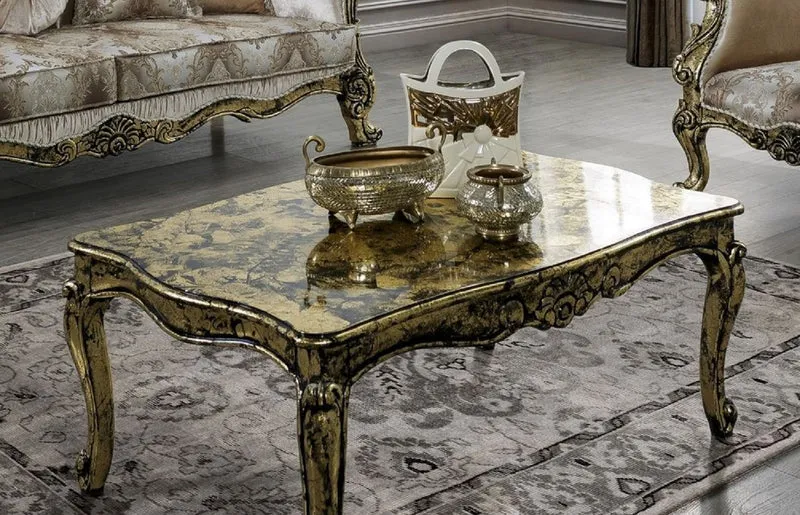 Casa Padrino Luxus Barock Couchtisch Gold / Schwarz - Handgefertigter Massivholz Wohnzimmertisch - Prunkvolle Massivholz Wohnzimmer Möbel im Barockstil