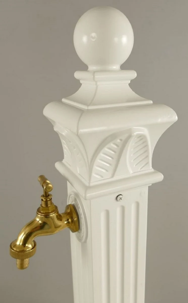 Casa Padrino Jugendstil Wassersäule Weiß / Gold 33 x 29 x H. 83 cm - Nostalgische Aluminium Wasserzapfsäule mit Messing Wasserhahn - Barock & Jugendstil Garten Accessoires