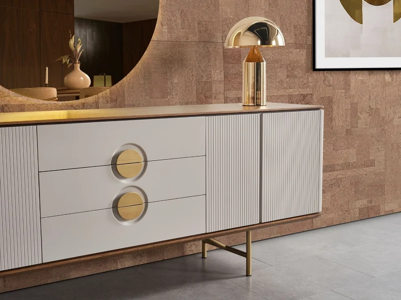 Casa Padrino Luxus Sideboard Hellgrau / Braun / Messing 220 x 50 x H. 80 cm - Massivholz Schrank mit 4 Türen und 3 Schubladen - Massivholz Möbel - Luxus Möbel - Luxus Einrichtung