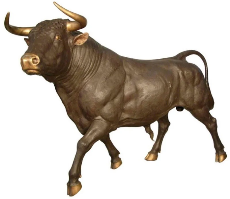 Casa Padrino Luxus Bronze Deko Skulptur Stier 295 x 86 x H. 160 cm - Riesiege Bronze Skulptur - Lebensgroße Tierfigur - XXL Bronze Stier Figur - XXL Garten Skulptur - Luxus Garten Deko