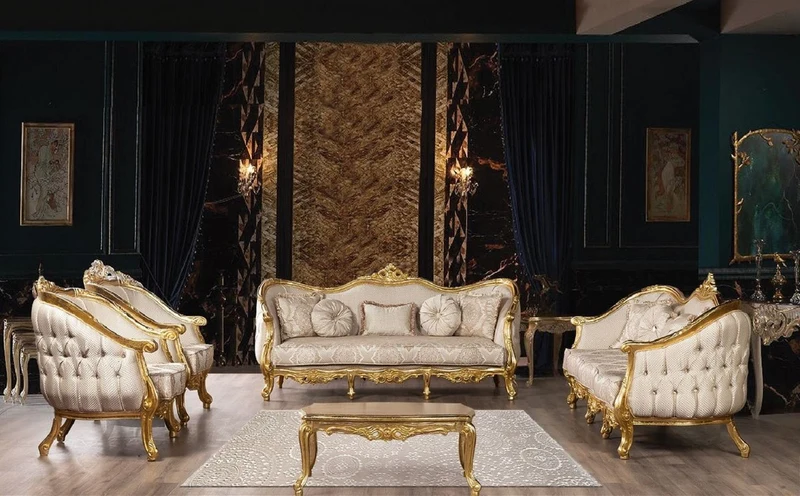 Casa Padrino Luxus Barock Wohnzimmer Sessel Beige / Gold - Handgefertigter Barockstil Sessel mit elegantem Muster - Prunkvolle Barock Wohnzimmer Möbel