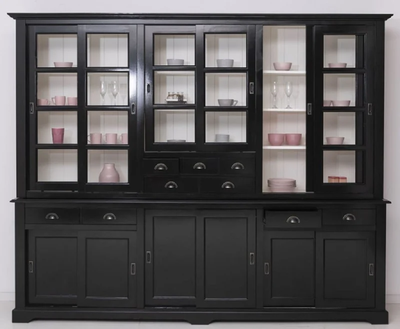 Casa Padrino Landhausstil Esszimmerschrank Schwarz / Weiß 280 x 55 x H. 225 cm - Massivholz Küchenschrank - Esszimmer Möbel im Landhausstil - Landhausstil Esszimmer Einrichtung