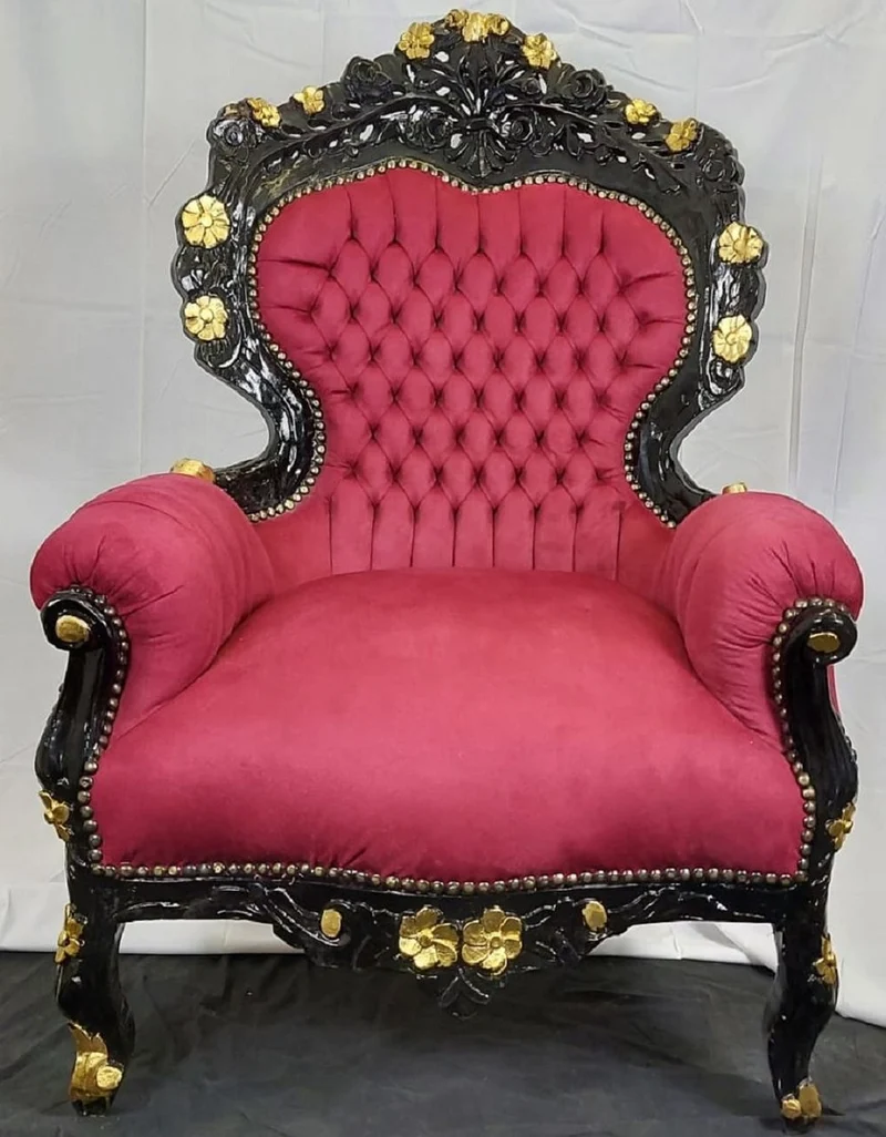 Casa Padrino Barock Wohnzimmer Sessel Bordeauxrot / Schwarz / Gold - Handgefertigter Antik Stil Wohnzimmer Sessel mit edlem Satinstoff - Wohnzimmer Möbel - Barock Möbel - Edel & Prunkvoll