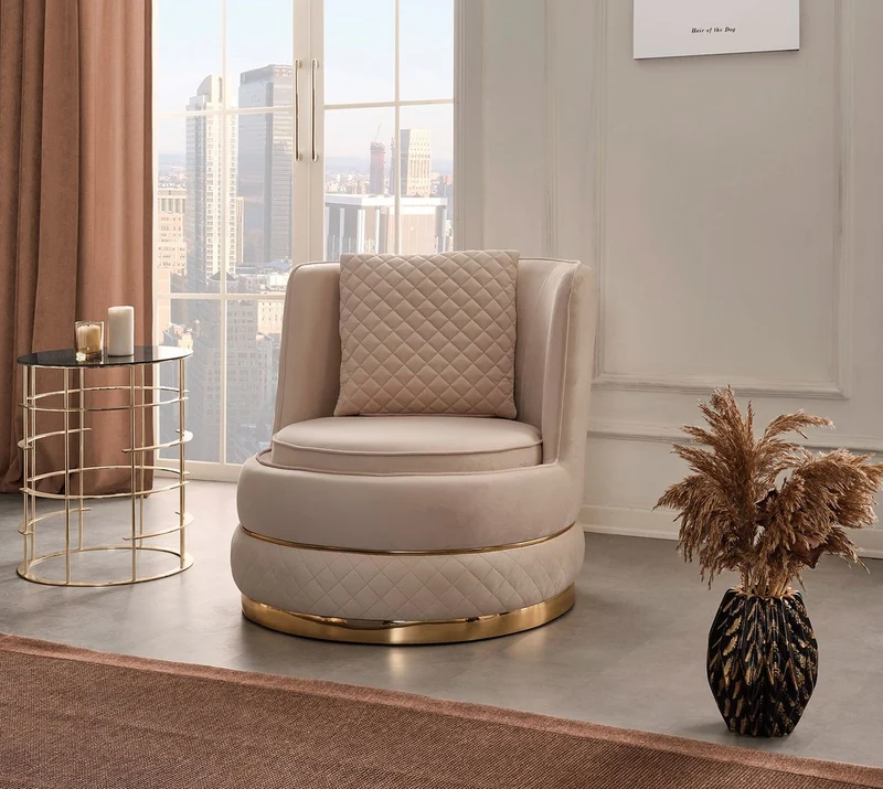 Casa Padrino Luxus Drehsessel Creme / Gold 80 x 85 x H. 81 cm - Wohnzimmer Sessel mit edlem Samtstoff - Wohnzimmer Möbel - Luxus Möbel - Wohnzimmer Einrichtung - Luxus Einrichtung