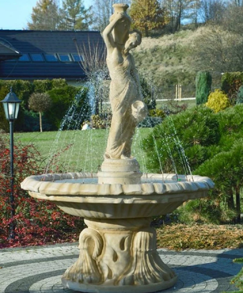Casa Padrino Jugendstil Springbrunnen Sandfarben Ø 155 x H. 228 cm - Prunkvoller Gartenbrunnen - Gartendeko Brunnen - Barock & Jugendstil Garten Deko Accessoires