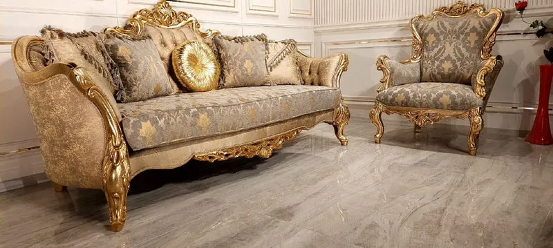 Casa Padrino Luxus Barock Sofa Gold / Grau / Gold - Prunkvolles Wohnzimmer Sofa mit elegantem Muster - Barock Wohnzimmer & Hotel Möbel - Edel & Prunkvoll