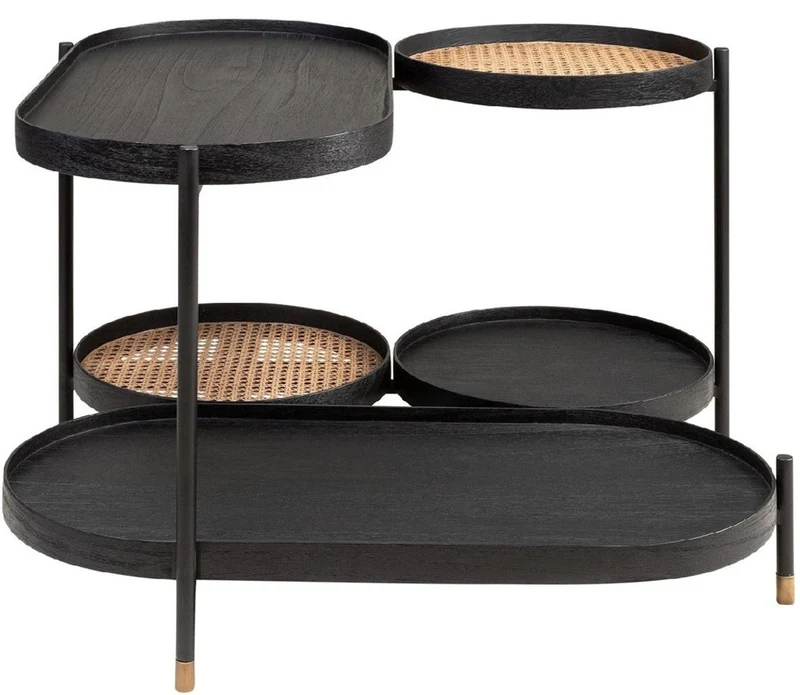 Casa Padrino Luxus Couchtisch Schwarz / Naturfarben / Messing 82,8 x 83,5 x H. 53 cm - Mindiholz & Rattan Wohnzimmertisch mit Stahl Gestell - Wohnzimmer Möbel - Luxus Möbel - Luxus Einrichtung