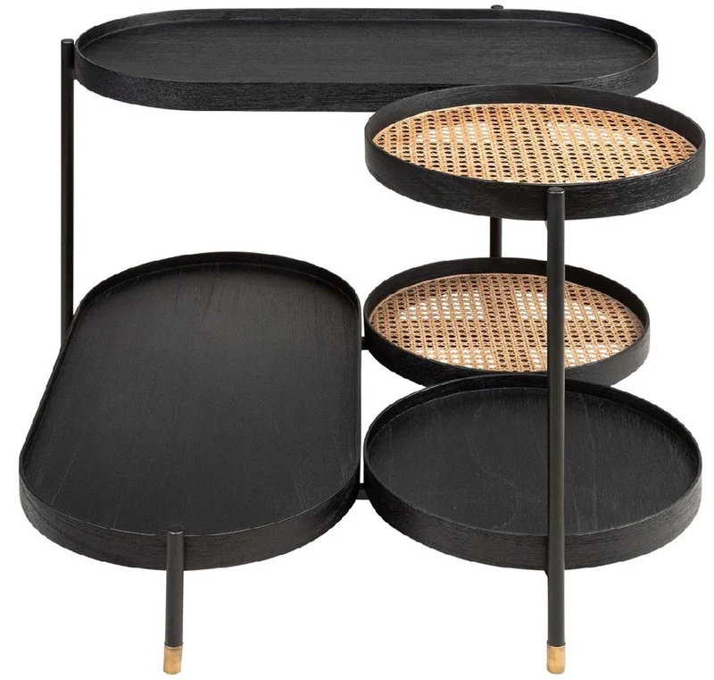 Casa Padrino Luxus Couchtisch Schwarz / Naturfarben / Messing 82,8 x 83,5 x H. 53 cm - Mindiholz & Rattan Wohnzimmertisch mit Stahl Gestell - Wohnzimmer Möbel - Luxus Möbel - Luxus Einrichtung