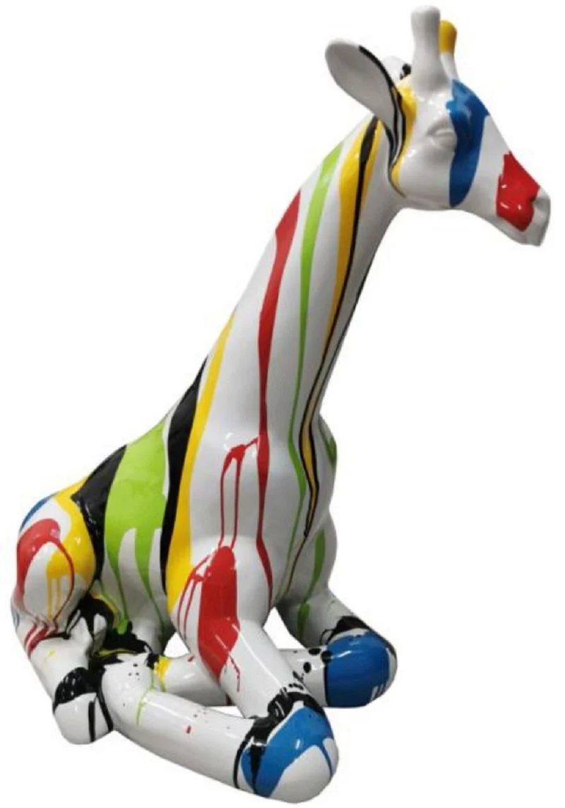 Casa Padrino Luxus Deko Skulptur Giraffe Weiß / Mehrfarbig H. 80 cm - Große Deko Figur - XXL Deko Skulptur - XXL Deko Figur - XXL Tierfigur - Wohnzimmer Deko - Garten Deko - Deko XXL Figuren