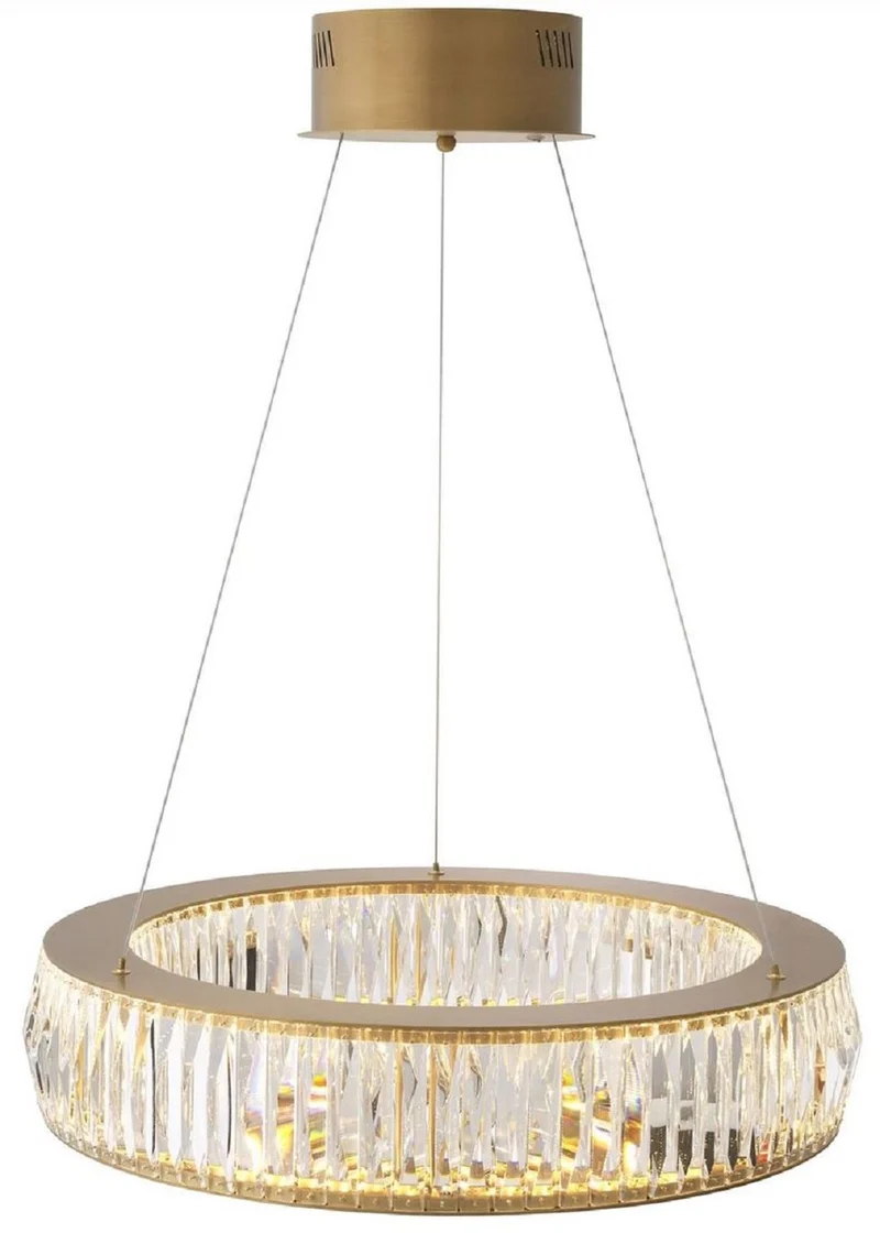 Casa Padrino Luxus LED Kronleuchter Antik Messing Ø 63 x H. 13-200 cm - Runder Wohnzimmer Kronleuchter mit Kristallglas - Luxus Qualität