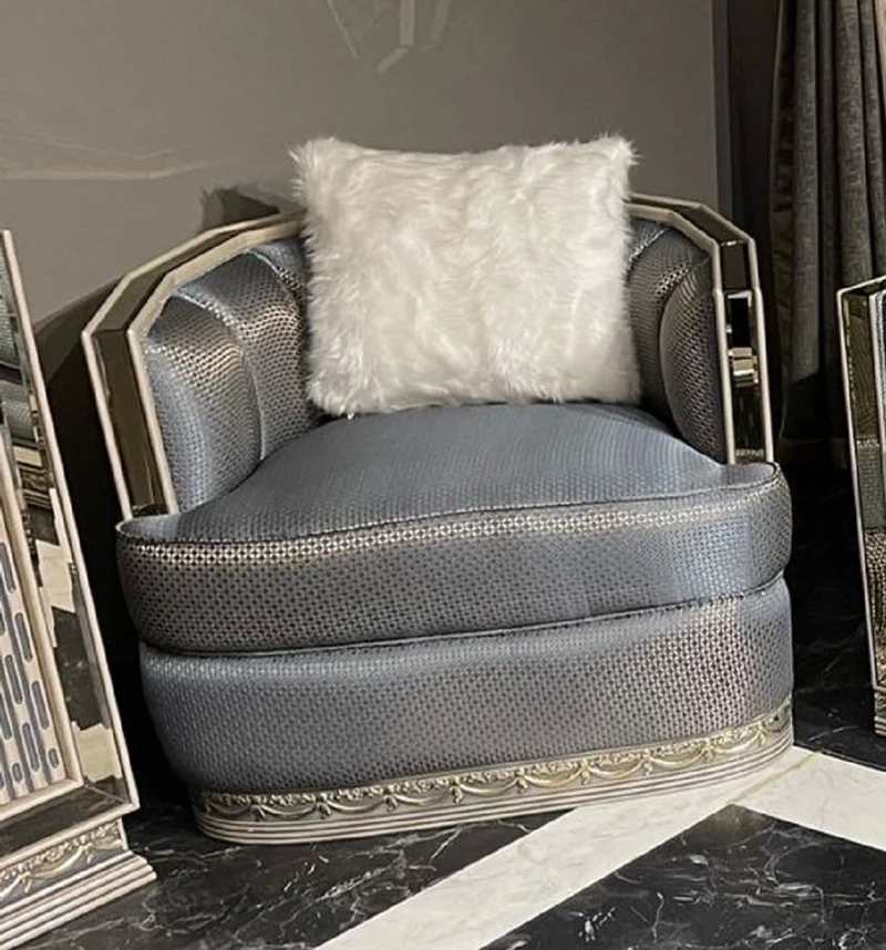 Casa Padrino Luxus Art Deco Sessel Hellblau / Silber / Creme - Verspiegelter Wohnzimmer Sessel - Wohnzimmer Möbel - Art Deco Möbel - Luxus Möbel - Art Deco Einrichtung - Luxus Einrichtung