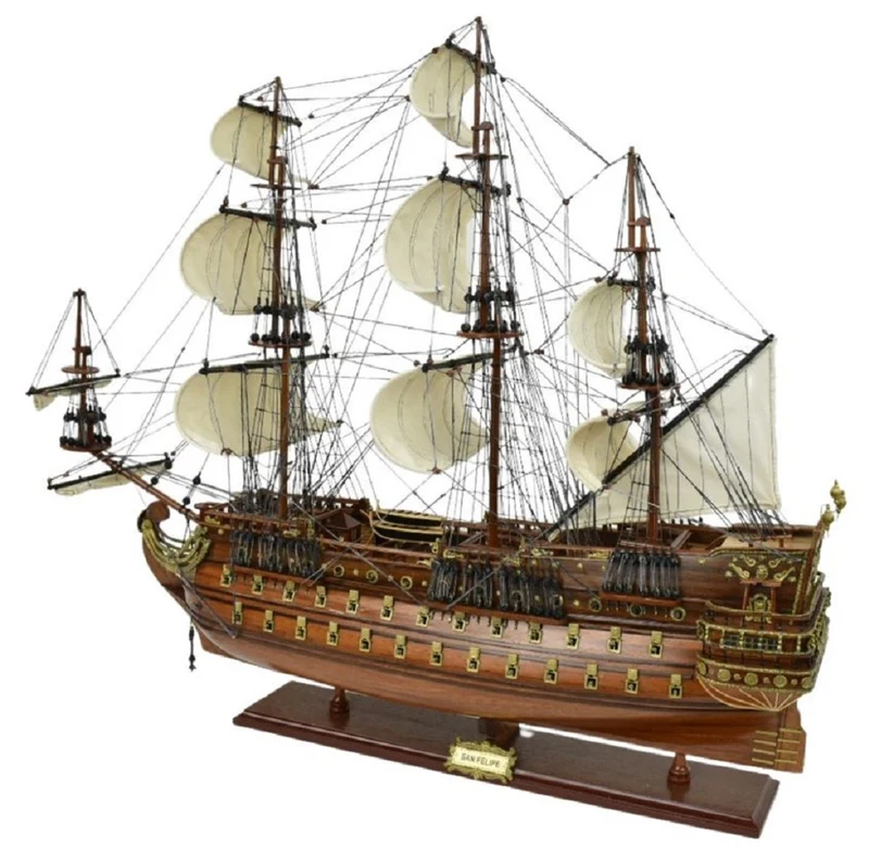 Casa Padrino Luxus Flaggschiff San Felipe Dunkelbraun / Braun / Messing 95 x 29 x H. 90 cm - Handgefertigtes Spanisches Deko Schiff - Holzschiff - Segelschiff - Kriegsschiff - Deko Accessoires