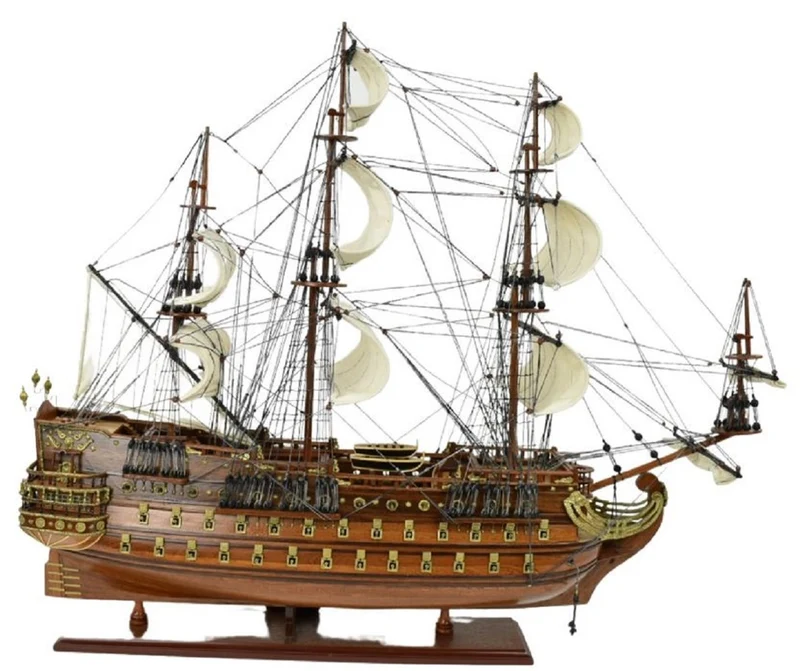 Casa Padrino Luxus Flaggschiff San Felipe Dunkelbraun / Braun / Messing 95 x 29 x H. 90 cm - Handgefertigtes Spanisches Deko Schiff - Holzschiff - Segelschiff - Kriegsschiff - Deko Accessoires