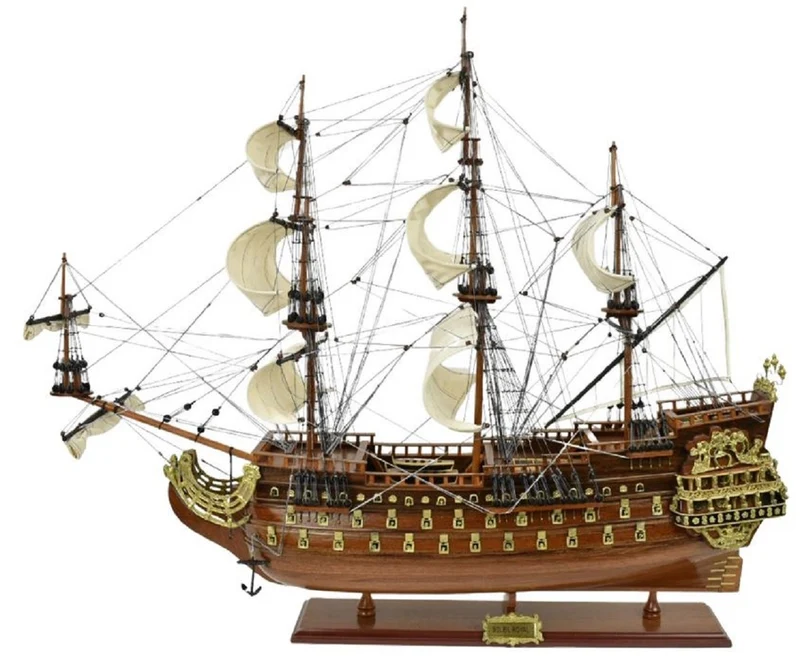 Casa Padrino Luxus Flaggschiff Soleil Royal Braun 95 x 29 x H. 90 cm - Handgefertigtes Deko Schiff - Holzschiff - Segelschiff - Kriegsschiff - Modellschiff - Wohnzimmer Deko - Deko Accessoires