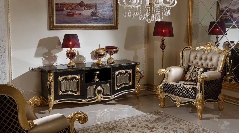 Casa Padrino Luxus Barock TV Schrank Schwarz / Gold - Prunkvolles Massivholz Sideboard mit 2 Türen und Schublade - Barock Möbel - Edel & Prunkvoll