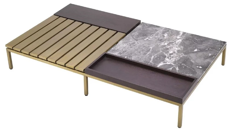 Casa Padrino Luxus Couchtisch Messingfarben / Grau / Braun 169,5 x 99,5 x H. 27 cm - Moderner Wohnzimmertisch - Luxus Wohnzimmer Möbel - Luxus Qualität