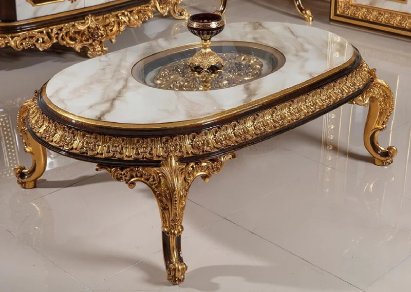 Casa Padrino Luxus Barock Couchtisch mit Glasplatte Weiß / Dunkelbraun / Gold - Prunkvoller Massivholz Wohnzimmertisch im Barockstil - Barock Wohnzimmer Möbel - Edel & Prunkvoll