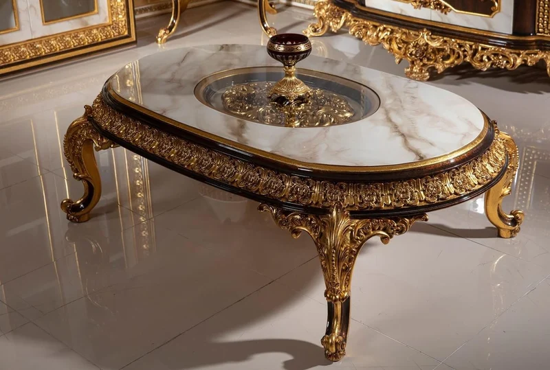 Casa Padrino Luxus Barock Couchtisch mit Glasplatte Weiß / Dunkelbraun / Gold - Prunkvoller Massivholz Wohnzimmertisch im Barockstil - Barock Wohnzimmer Möbel - Edel & Prunkvoll